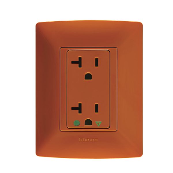 Toma de corriente Dúplex Grado Hospital con Tierra Aislada 20A 125V~, color naranja, incluye placa,Marca Bticino